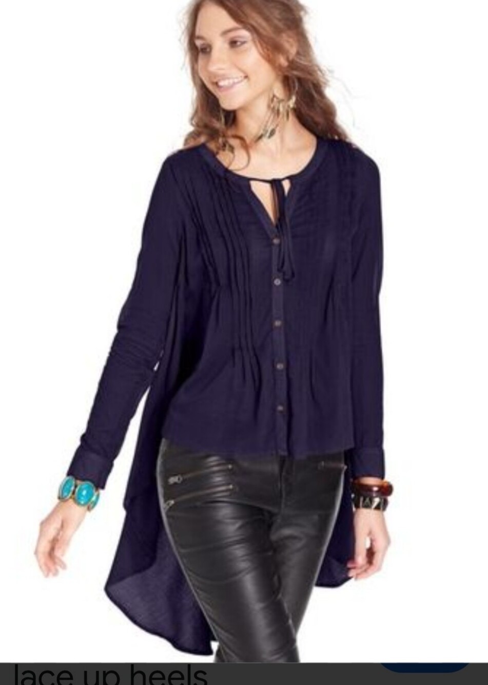 Free People Navy High-Low Pintuck Button Front Tunic